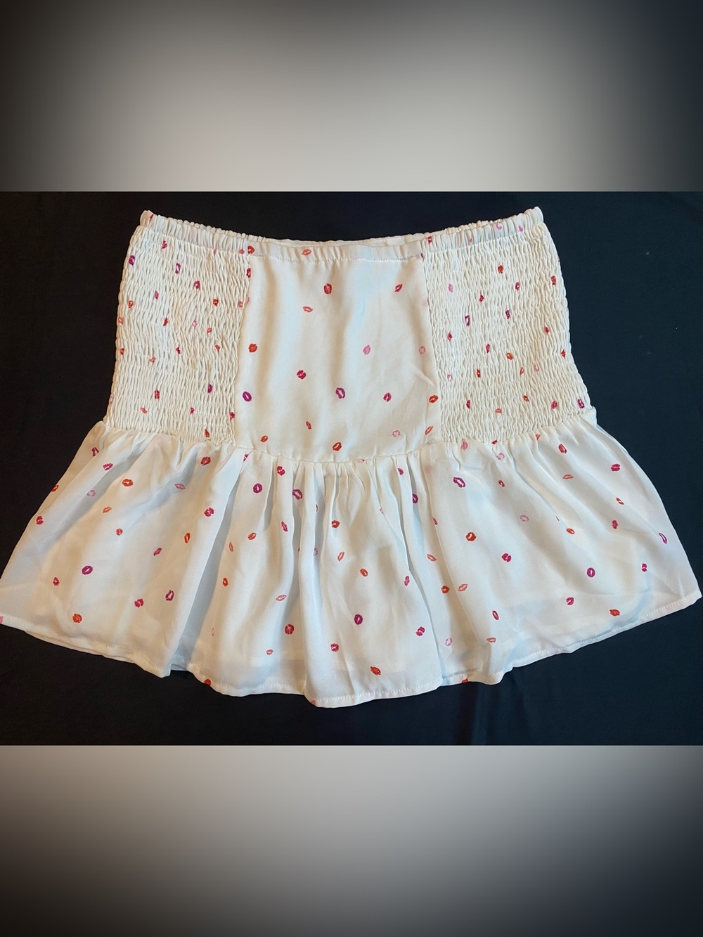 White Smocked Mini Skirt with Pink & Red Lips